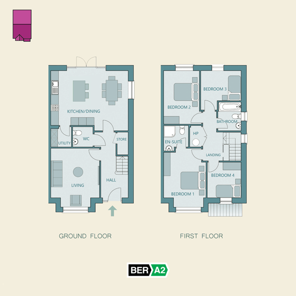 Ground and first floor plans for The Hazel, a 4 Bedroom Semi-detached House at Marlmount