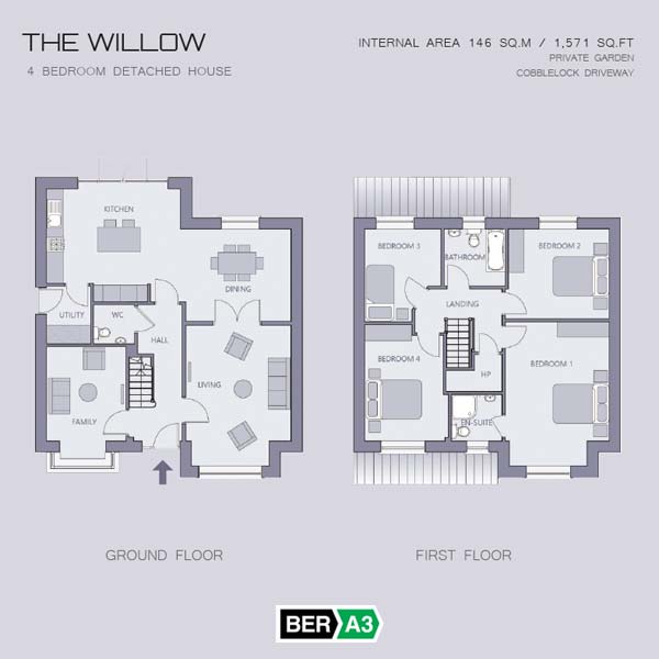Ground and first floor plans for The Willow, a 4 Bedroom Detached House at Marlmount